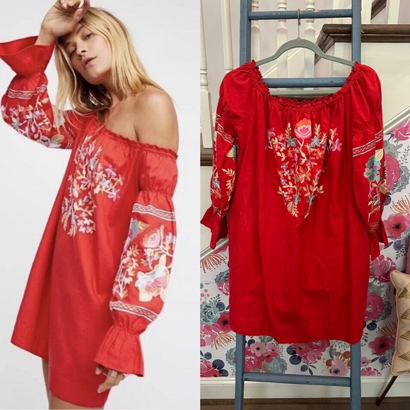 Free People Fleur Du Jour Embroidered Dress in Red - Picture 2 of 6